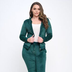 Velour Super Stretch Solid 2-Piece Women's Long Sleeve Hoodie Tracksuit - GREEN